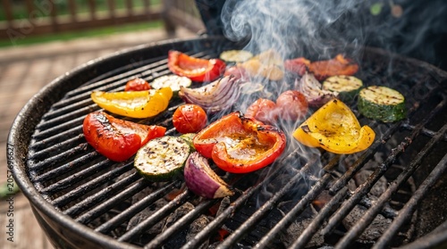 Grilled vegetables on a charcoal barbecue grill with smoke