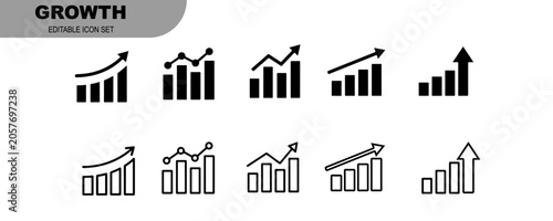 Growth bar chart icon set. Financial progress, business success, and data analytics vector symbols..eps