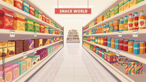 Konstfotografi Grocery store aisle with shelves full of colorful food products and snacks in a