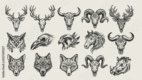 Fotografie Collection of animal skulls in vintage engraving style