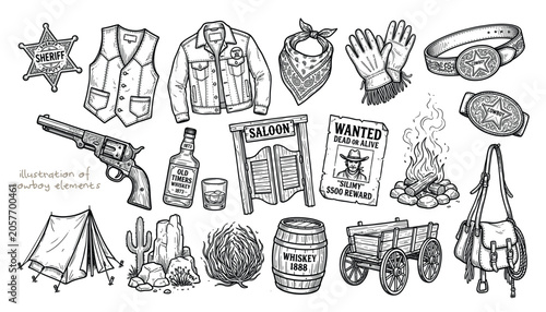 Foto Vector black & white western cowboy design elements.