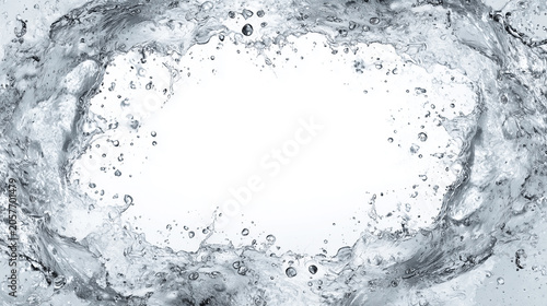 Dynamic splashing water frame with bubbles isolated on white background