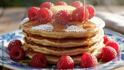Delicious Stack of Fluffy Pancakes Topped with Fresh Raspberries, Syrup, and Powdered Sugar on a Floral Plate