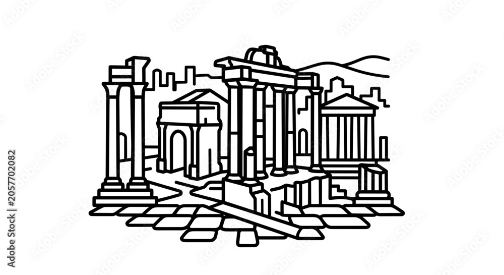 Obraz premium Ancient Roman Ruins Architecture Drawing.