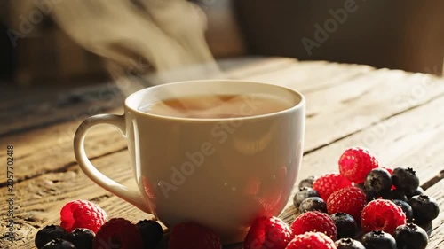 Steaming cup of herbal tea with raspberries and blueberries on rustic wooden table, healthy breakfast concept