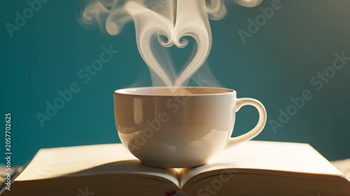 Heart-shaped steam rising from a cup of coffee atop an open book against a teal background, relaxation and reading concept