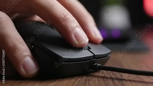 Hand holding computer mouse on desk.