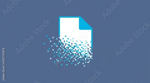 Digital document dissolving into pixels on blue background representing data loss