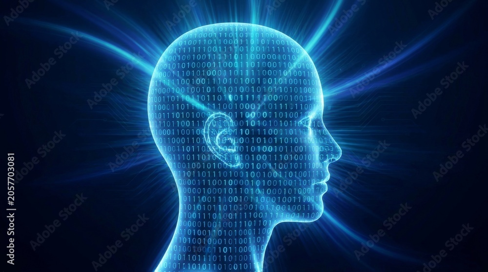 Obraz premium Digital Human Head Silhouette with Binary Code and Glowing Blue Energy Rays