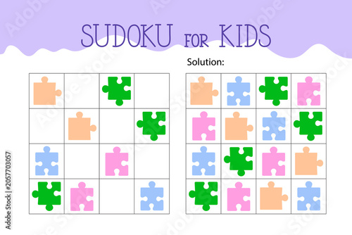Colorful sudoku puzzle game for kids, educational logic worksheet for children featuring bright jigsaw puzzle pieces inside grid for brain development, learning, and creative thinking