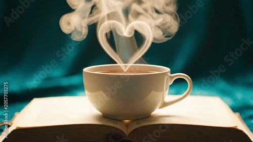 Steaming cup of tea rests on an open book creating a warm and cozy atmosphere with a heart-shaped steam effect