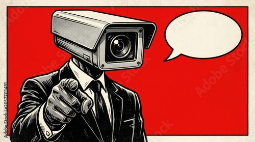 Surveillance camera headed man pointing finger with blank speech bubble, pop art style