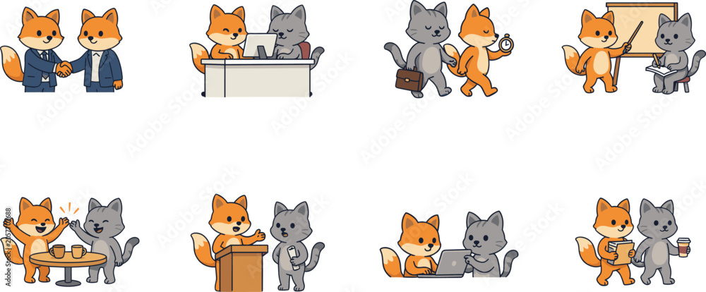 Fototapeta premium Cute Cartoon Fox and Cat Business Character Vector Set with Poses for Handshaking, Boardroom Presentation, Working on Laptop, and Office Teamwork Collaboration