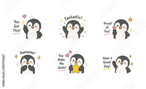 Cute Penguin Motivation Sticker Set with Encouraging Quotes and Positive Expressions. Kawaii Penguin Character Collection for Support Celebration and Daily Positivity