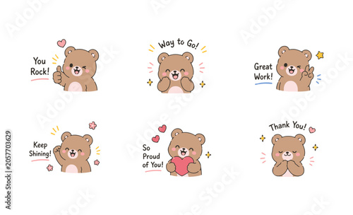 Cute Bear Motivation Sticker Set with Positive Encouragement Messages and Supportive Expressions. Adorable Teddy Bear Character Collection for Success Celebration Gratitude and Inspiration