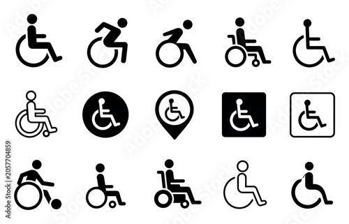 Wheelchair accessibility icons and handicap symbol set featuring various designs of disabled person signs for public navigation and medical assistance
