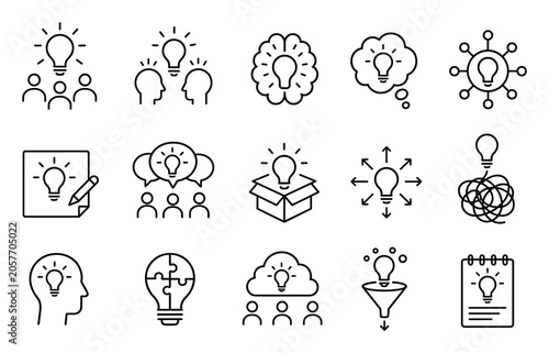 Creative idea and brainstorming line icon set representing innovation, problem solving, teamwork, intelligence, and strategic thinking for business development