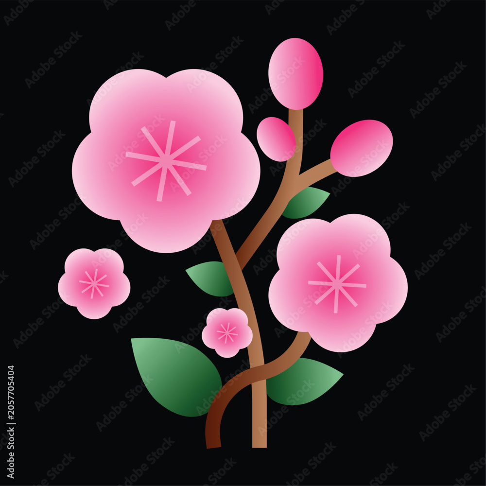 Obraz premium Stylized Pink Cherry Blossom Branch with Buds and Leaves