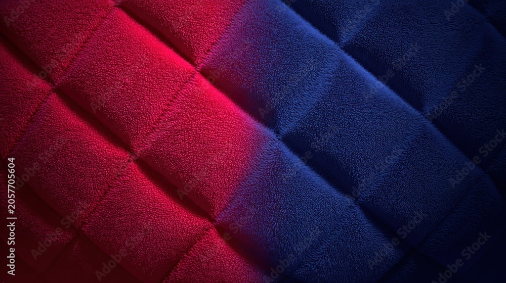 Naklejka premium Quilted plush textile surface displays contrasting deep red and dark blue illumination across diagonal stitching
