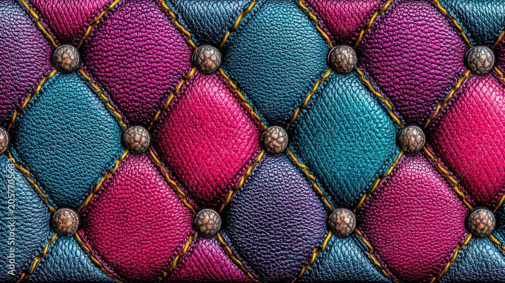 Fototapeta premium Vibrant, multicolored, quilted leather upholstery features detailed stitching and ornamental fasteners.
