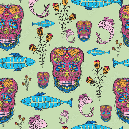 Vibrant Seamless Pattern of Pink Sugar Skulls and Blue Fish on Mint Green Background