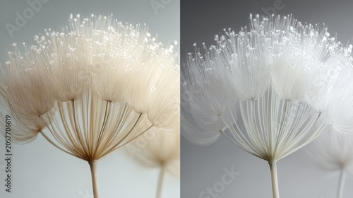 Delicate, feathery seed heads of composite plants are displayed side by side showing slight color variations.