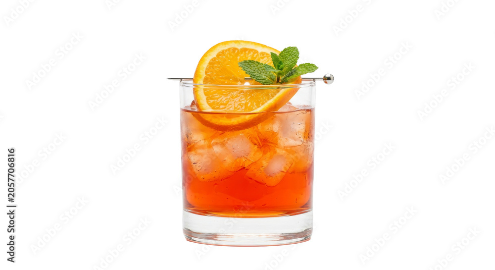 Fototapeta premium Refreshing orange cocktail with mint and ice in a clear glass