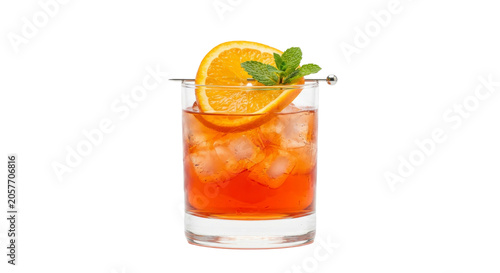 Cuadro en lienzo Refreshing orange cocktail with mint and ice in a clear glass