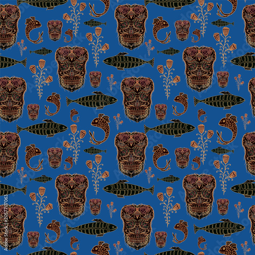 Gold and Brown Line Art Skulls and Fish Seamless Pattern on Royal Blue Background