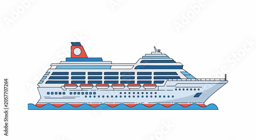 Schilderij op canvas A cartoon-style, side-view illustration of a large passenger ship sailing on wat