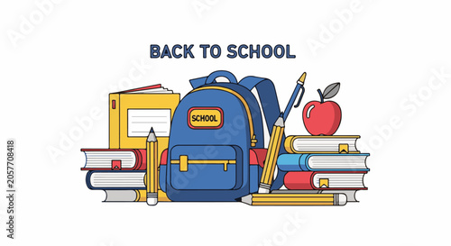 A blue backpack is surrounded by stacked books, pencils, and an apple, with 