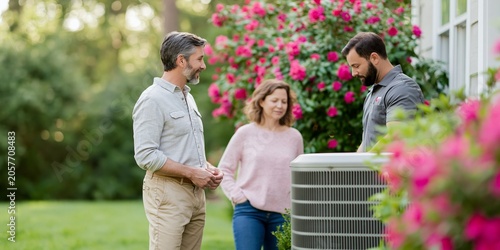 Homeowners consulting HVAC technician outdoors