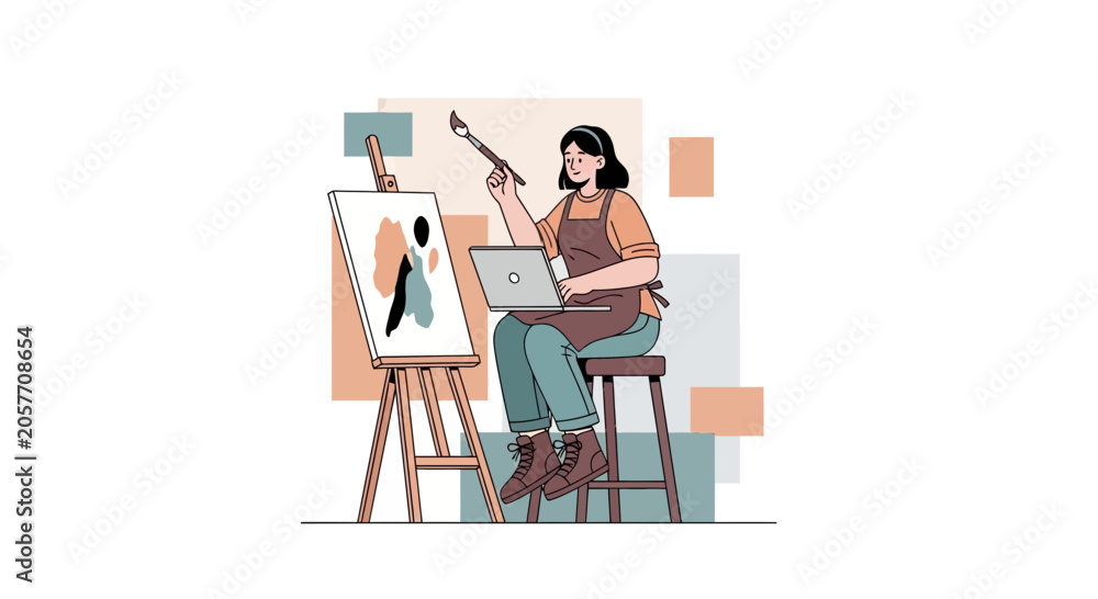 Fototapeta premium Artist paints on easel, using laptop for inspiration, modern flat illustration style