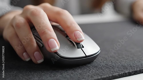 Hand using computer mouse on desk.