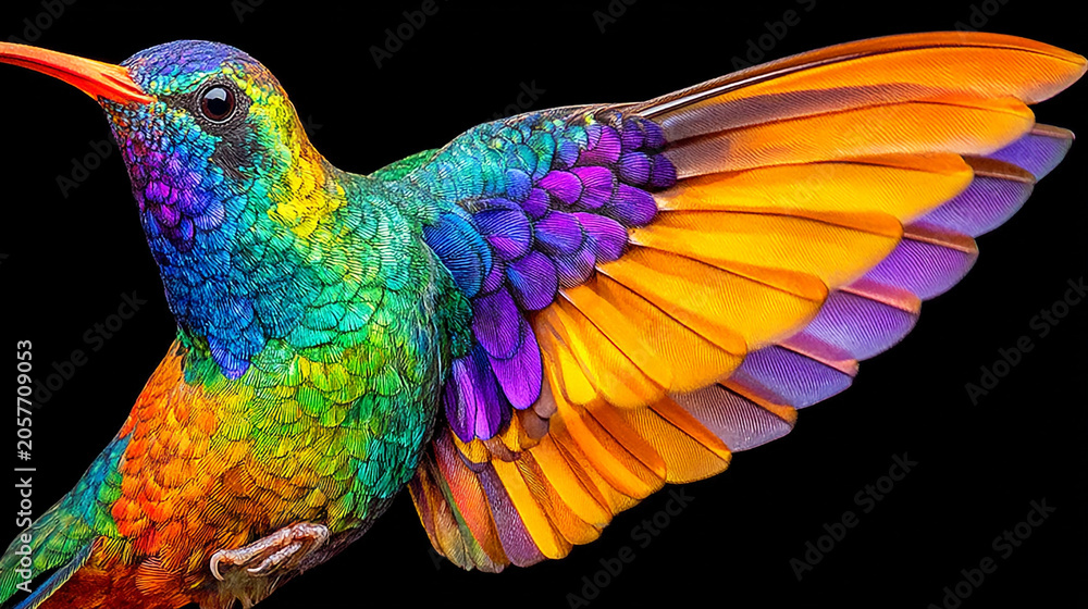 Obraz premium Close up of iridescent hummingbird flying isolated on black with hummingbird wildlife colorful