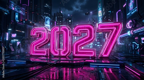 Neon '2027' typography in futuristic cyberpunk cityscape