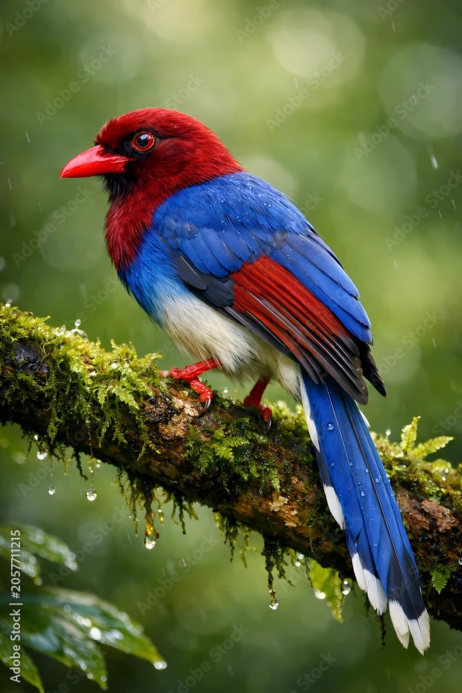 Fototapeta premium Vibrant AI-generated tropical bird perched on a mossy branch in the rain.