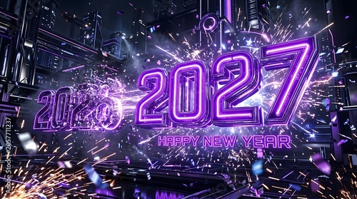 Futuristic new year 2027 celebration with neon lights and fireworks