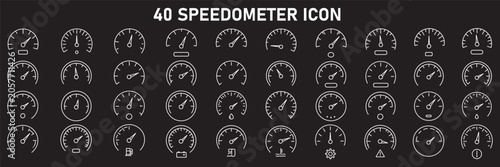 Fotografi Speedometer Icon Set, speed indicator gauge dashboard tachometer scale, speedometer with arrow, editable stroke line vector illustration for vehicle, app, and dashboard design