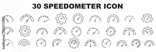Fotografia Speedometer Icon Set, speed indicator gauge dashboard tachometer scale, speedometer with arrow, editable stroke line vector illustration for vehicle, app, and dashboard design