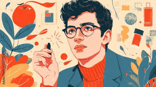 Thoughtful young man wearing glasses holding a writing implement amidst abstract botanical and graphic elements