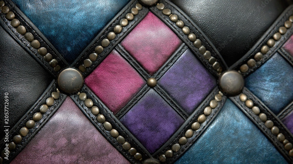 Fototapeta premium Upholstered surface features diamond patterns delineated by antique brass upholstery tacks and decorative nail heads.