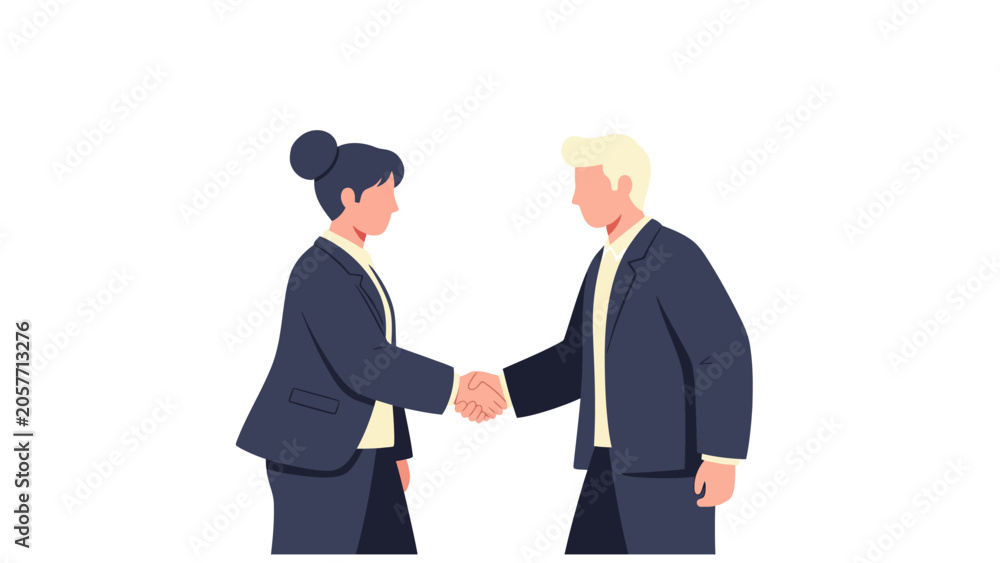 Fototapeta premium Business Man and Woman Shaking Hands Flat Vector Illustration. Professional Partnership, Corporate Agreement, and Successful Deal Concept on White Background.