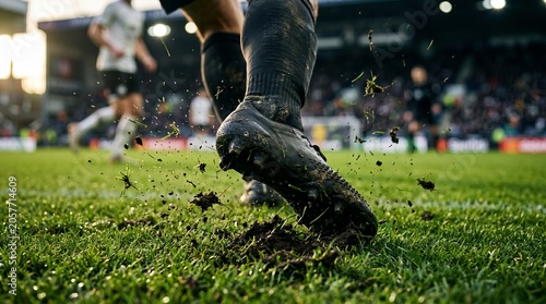 Close-up action of a soccer player's boot kicking up mud and grass on a stadium pitch during a competitive football match
