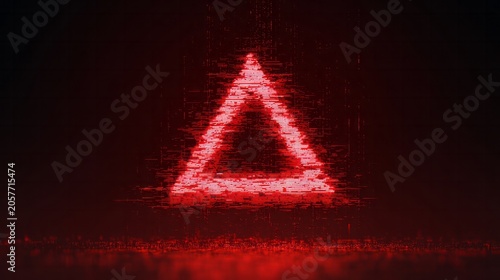 Glowing red geometric shape pulsates with digital distortion against a dark backdrop