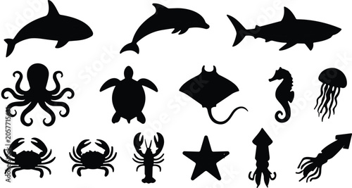 Foto Marine Life Silhouette Collection Featuring Shark Dolphin Octopus Turtle Stingra