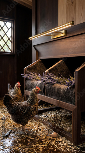 Luxury wooden chicken coop interior design featuring modern brass lighting and nesting boxes decorated with fresh lavender flower herbal bedding