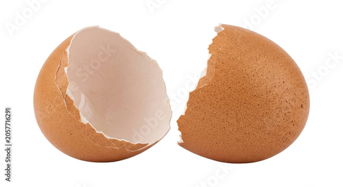 Konstfotografi Two perfectly separated halves of a brown eggshell on a white background