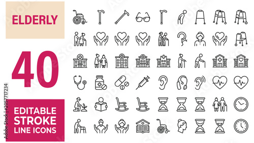 Elderly icon set. Editable line icons. Vector illustration.
