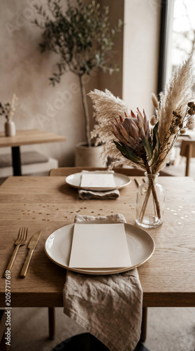 Boho restaurant table setting with blank menu card mockup on ceramic plate with gold cutlery and vase containing pink protea and pampas grass